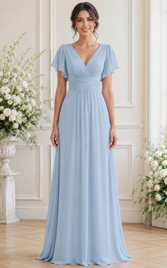 Sky Blue V-neck Short Sleeve A-Line Chiffon Bridesmaid Dress