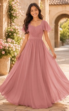Vintage-Brautjungfernkleid in Mauve, A-Linie, herzförmiger Schnitt, kurze Blütenblattärmel, Chiffon, elegant