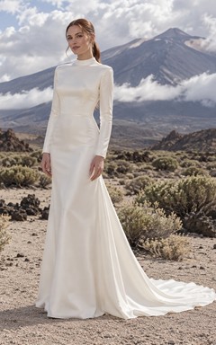 Vestido de novia sencillo de satén con cuello alto, manga larga y cola larga, estilo sirena.