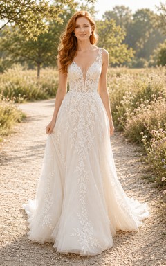 Vestido de novia de encaje y tul, corte en A, escote en V, sin mangas, cola larga, espalda baja en V.