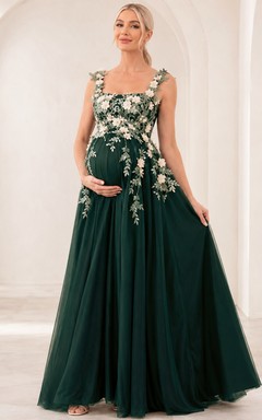 Vestido formal de lujo de tul con apliques florales y escote cuadrado, color verde oscuro, ideal para embarazadas.