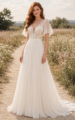 Robe de mariée en tulle, coupe trapèze, col en V, sans manches, traîne chapelle