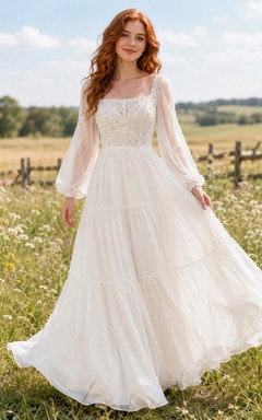 Brautkleid im Landhausstil aus Spitze und Tüll, A-Linie, eckiger Ausschnitt, lange Ärmel, bodenlang