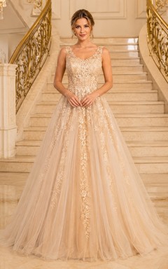 Champagne Long Sleeve Lace Embroidery Ball Gown Sweep Train Formal Dress