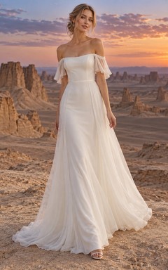 Vestido de novia sencillo de gasa con escote de hombros descubiertos y corte en A