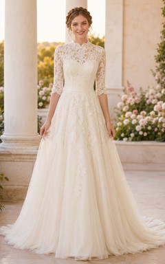 Modest High Neck Lace Wedding A Line Three Quarter Sleeve Court Train
