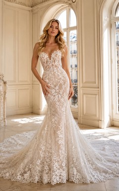 Robe de mariée sirène sans manches en dentelle royale, décolleté en V profond et traîne cathédrale, ornée d'appliqués floraux, idéale pour la réception.