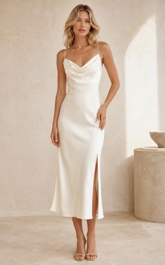 Elegante vestido de ceremonia de satén color marfil con escote drapeado y tirantes finos, corte recto hasta la rodilla.