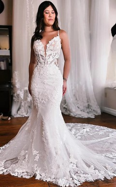 Illusion Lace Fit-and-Flare Wedding Dress with Plunging Neckline