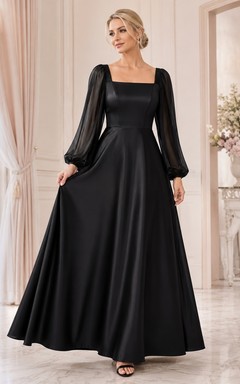 Robe longue noire sobre en satin, manches longues bouffantes, col carré et coupe trapèze.