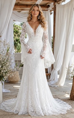 Vestido de fiesta bohemio de encaje blanco con escote en V, manga larga, corte sirena y cola larga.