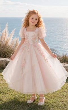 A-Line Flowergirl Lace Tulle Floor-Length Puff Sleeve Pink Coastal Cliff Wedding Dress with Floral Appliques and Bow Back