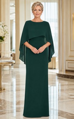Dark Green Floor-Length Sheath Simple Mother of the Bride Gown with Scoop Neck Elbow Cape Overlay and Closed Back
