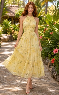 Daffodil Island Wedding Guest Dress A-Line Chiffon Halter Sleeveless Tea-Length Floral Print Keyhole