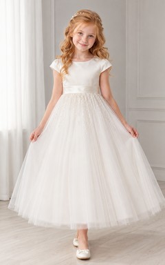 Glitzerndes Tüllkleid mit kurzen Ärmeln, knöchellang, für Kommunion und Blumenmädchen geeignet