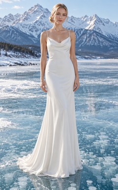 Vestido de novia sencillo de georgette con escote drapeado, tirantes finos y cola larga.