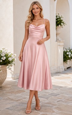 Blush Pink Affordable Spaghetti Strap Satin Tea Length A Line Slip Dress