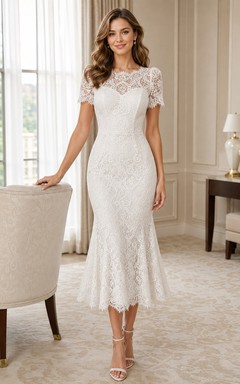White Short Sleeve V-Neck Tea-Length Lace Mermaid Guest Dress