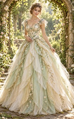 Fairy Sage floral V-Ausschnitt Cap Sleeve Petal Layered Tulpe Ballkleid