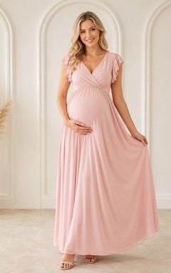 Vestido formal largo hasta el suelo con escote en V y mangas con volantes, de corte imperio, color rosa rubor, ideal para embarazadas.