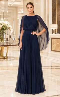 Vestido formal de gasa azul marino oscuro con mangas tipo capa y corte en A
