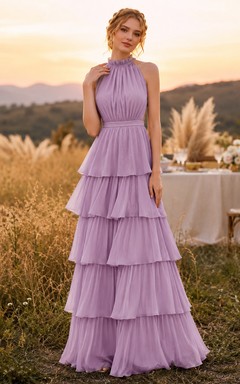 Lilac High Halter Tiered Chiffon Floor Length Guest Dress