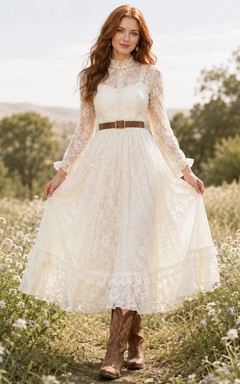 Vestido bohemio de manga larga, largo hasta la rodilla, corte en A, cuello alto y encaje, de Ivory Guest Ranch
