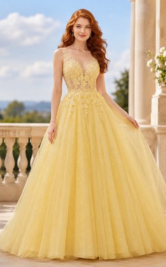 Gelbes Tüll-Ballkleid mit Illusion-V-Ausschnitt, Perlenapplikationen
