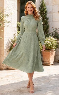 Sage Chiffon Jewel-Neck Long-Sleeve Bohemian Tea-Length Guest Dress