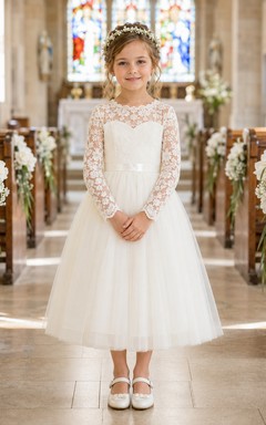Flower Girl Dress Ivory Lace Tulle A-Line Long Sleeve Scoop Neck Tea Length