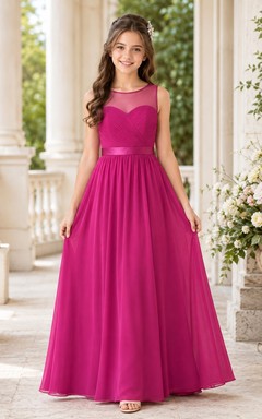 Fuchsiafarbenes Brautjungfernkleid für junge Damen, A-Linie, bodenlang, hoher Kragen, ärmellos, Illusion-Passe, romantisch