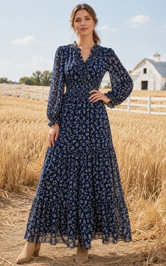 Modest Dark-Navy Floral V-Neck Poet-Sleeve Tiered Champetre Country Evening Dress