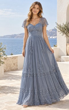 Vestido de dama de honor de gasa con escote en V, mangas con volantes y paneles de encaje, estilo bohemio, color azul.