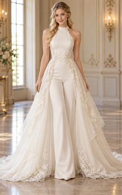 High Halter Floral Lace Wide Leg Overskirt Bridal Jumpsuit
