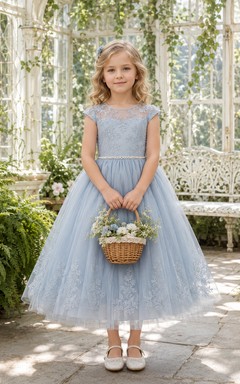 Modest A-Line Flower Girl Dress with Jewel Neck Cap Sleeves Sky Blue Lace Tulle Greenhouse Celebration