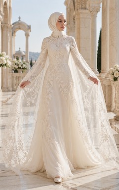 Vestido de novia musulmán modesto con capa de encaje y corte en A.