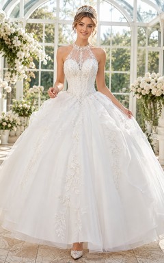White Princess High Neck Halter Beaded Tulle High-Low Ball Gown Quinceanera Dress