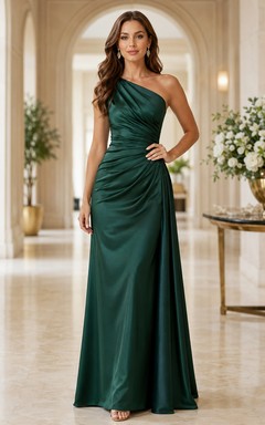 Emerald One Shoulder Draped Satin Formal Dress