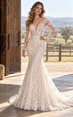 Western Mermaid Long Sleeve Plunge V-neck Lace Wedding Dress