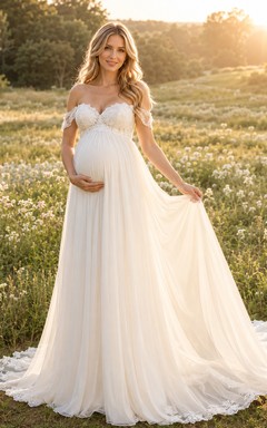 Maternity Wedding Dress Off-the-Shoulder Lace Sleeve A-Line Country Bridal Gown with Train