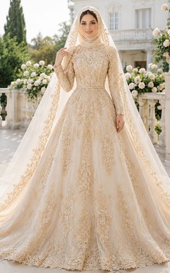 Champagne Gold Muslim Lace Cathedral Train Wedding Dress