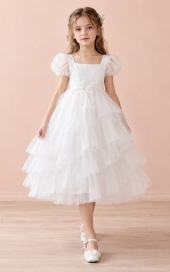 Tea-length Square Neck White Puff Sleeve Floral Waist Satin Tiered Tulle Flowergirl Dress