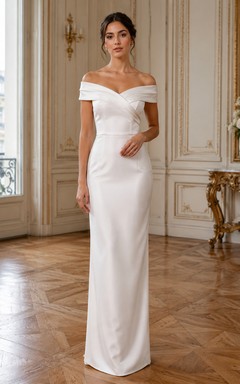 Vestido de noche columna de hombros descubiertos, suave y refinado, en tono neutro.