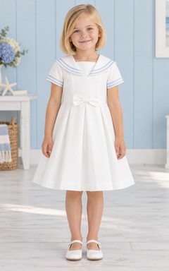 Vintage Simple White Knee Length Double Piped Sailor Collar Waist Bow Flower Girl Dress