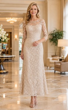Robe de mère champagne à manches longues en dentelle, longueur thé