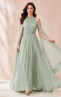 Modest High Neck Cape Chiffon A-Line Floor Length Formal Dress