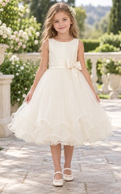 Tea-length Ivory Scoop Sleeveless Satin A-Line Gathered Tulle Curled Tiered Hem Sash Bow Flowergirl Dress