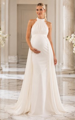 Vestido de novia de maternidad sencillo, largo hasta el suelo, con cuello halter y estilo imperio.