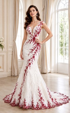 Rotes, ärmelloses, romantisches Brautkleid aus Spitze mit Meerjungfrauenschnitt, V-Ausschnitt und Schleppe