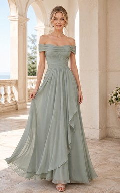 Sage Off Shoulder Chiffon A-Line Formal Dress
